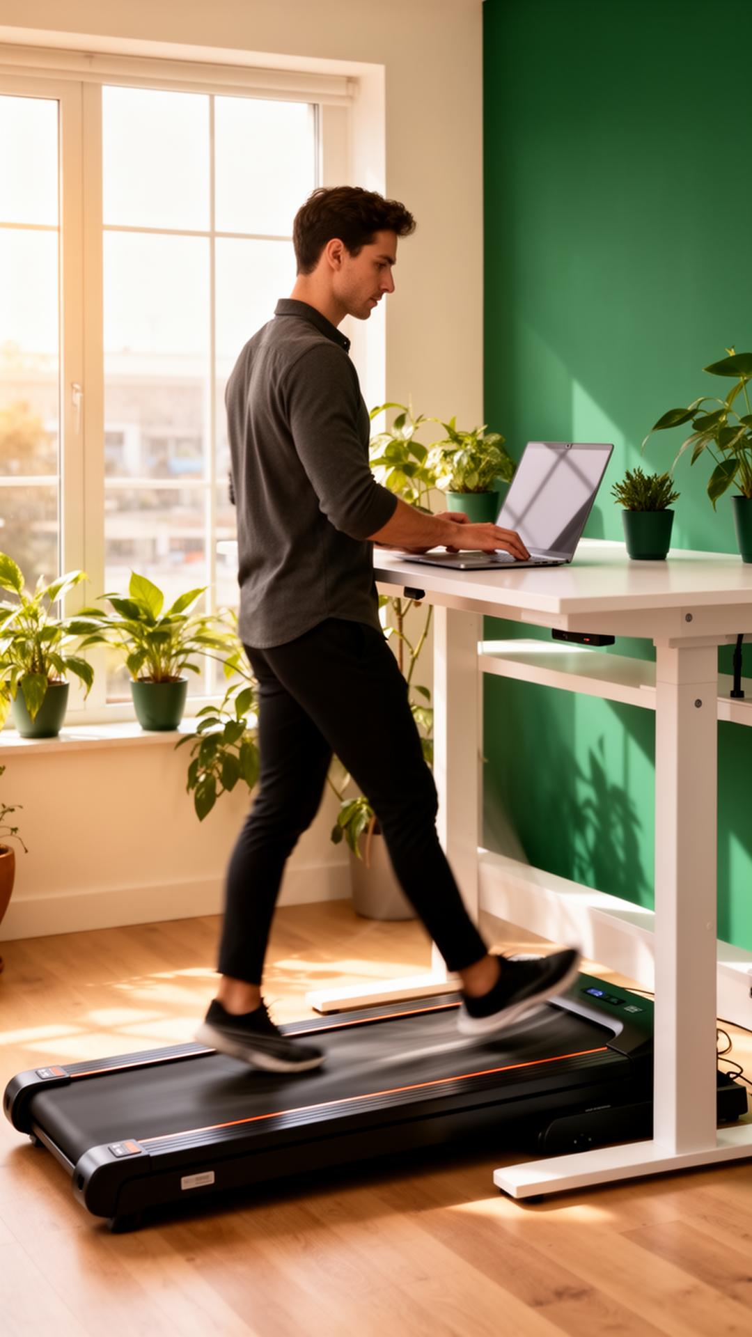 Professional walking at a standing desk during a workday